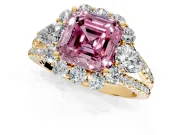 Halo Engagement Ring Setting for Fancy Pink Asscher Cut Center with Two-Strand Split Shank and Prong Head in Yellow Gold