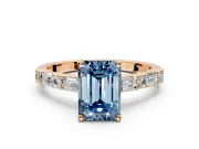 Baguette Engagement Ring Setting for Fancy Blue Emerald Cut Center with Alternating Bar-Set Band and Prong Head in Rose Gold