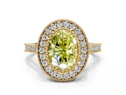 Halo Engagement Ring Setting for Fancy Yellow Oval Center with Milgrain Frame, Pave Band and Prong Head in Yellow Gold