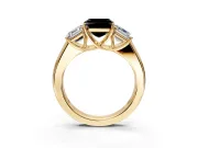 3 Stone Engagement Ring Setting for Fancy Black Asscher Cut Center with Raised Basket Heads and Prong Head in Yellow Gold