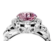 Halo Engagement Ring Setting for Fancy Pink Round Cut Center with Open Scroll Shoulders and Prong Head in Sterling Silver