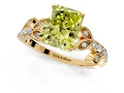 Leaf Motif Engagement Ring Setting for Fancy Yellow Radiant Cut Center with Pave Band and Prong Head in Yellow Gold