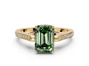 Cathedral Engagement Ring Setting for Fancy Green Emerald Cut Center with Antique-Style Pave Band and Prong Head in Yellow Gold