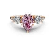 3 Stone Engagement Ring Setting for Fancy Pink Pear-Shaped Center with Crossover Basket, Pave Band and Prong Head in Rose Gold