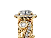 Milgrain Halo Engagement Ring Setting for Round Cut Center with Shoulder Bezels and Prong Head in Yellow Gold