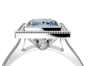 Halo Engagement Ring Setting for Fancy Blue Princess Cut Center with Milgrain Pave Band and Bezel Head in Platinum