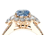 Halo Engagement Ring Setting for Fancy Blue Cushion Cut Center with Two-Strand Split Shank and Prong Head in Rose Gold
