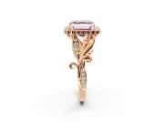 Halo Engagement Ring Setting for Fancy Pink Asscher Cut Center with Leaf Motif Split Shank and Prong Head in Rose Gold