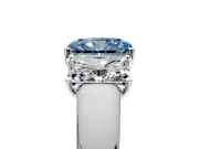 3 Stone Engagement Ring Setting for Fancy Blue Radiant Cut Center with Raised Basket Heads and Prong Head in Platinum