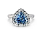 Halo Engagement Ring Setting for Fancy Blue Heart-Shaped Center with Raised Halo, Pave Band and Prong Head in Sterling Silver