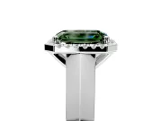 Halo Engagement Ring Setting for Fancy Green Emerald Cut Center with Knife Ridge Cathedral Band and Prong Head in Platinum
