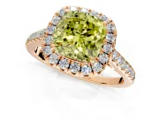 Halo Engagement Ring Setting for Fancy Yellow Cushion Cut Center with Narrowing Pave Band and Prong Head in Rose Gold