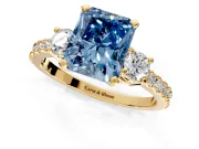 3 Stone Engagement Ring Setting for Fancy Blue Radiant Cut Center with Round Cut Side Accents and Prong Head in Yellow Gold