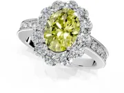 Halo Engagement Ring Setting for Fancy Yellow Oval Center with Milgrain Channel Band and Prong Head in Platinum