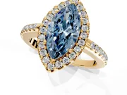 Pave Halo Engagement Ring Setting for Fancy Blue Marquise Center with Single Row Pave Band and Prong Head in Yellow Gold