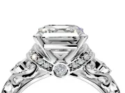 Solitaire Engagement Ring Setting for Asscher Cut Center with Filigree Band and Prong Head in Platinum