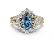 Halo Engagement Ring Setting for Fancy Blue Pear-Shaped Center with Two-Strand Split Shank and Prong Head in Yellow Gold