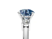 3 Stone Engagement Ring Setting for Fancy Blue Round Cut Center with Wide Plain Band and Prong Head in White Gold