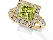 Bezel-Framed Halo Engagement Ring Setting for Fancy Yellow Princess Cut Center with Pave Band and Prong Head in Yellow Gold