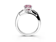 3 Stone Engagement Ring Setting for Fancy Pink Cushion Cut Center with Tapered Baguettes, Plain Band and Prong Head in White Gold