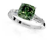 Bar-Set Engagement Ring Setting for Fancy Green Cushion Cut Center with Tapered Baguette Accents and Prong Head in Platinum