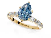 Baguette Engagement Ring Setting for Fancy Blue Pear-Shaped Center with Alternating Bar-Set Band and Prong Head in Yellow Gold