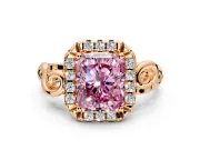 Halo Engagement Ring Setting for Fancy Pink Radiant Cut Center with Open Scroll Shoulders and Prong Head in Rose Gold