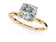 Low-Set Solitaire Engagement Ring Setting for Cushion Cut Center with Thin Plain Band and Prong Head in Yellow Gold