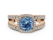 Halo Engagement Ring Setting for Fancy Blue Cushion Cut Center with Wide-Open Pave Split Shank and Prong Head in Rose Gold