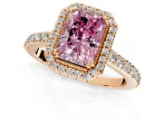 Halo Engagement Ring Setting for Fancy Pink Radiant Cut Center with Inner Milgrain Border and Prong Head in Rose Gold