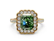 Milgrain Floral Halo Engagement Ring Setting for Fancy Green Radiant Cut Center with Pave Band and Prong Head in Yellow Gold