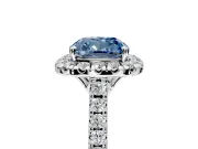 Halo Engagement Ring Setting for Fancy Blue Cushion Cut Center with Raised Halo, Pave Band and Prong Head in White Gold