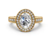Milgrain Halo Engagement Ring Setting for Oval Center with Pave Band and Prong Head in Yellow Gold