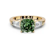 3 Stone Engagement Ring Setting for Fancy Green Cushion Cut Center with Tapered Baguettes, Plain Band and Prong Head in Yellow Gold