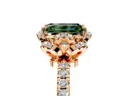 Halo Engagement Ring Setting for Fancy Green Emerald Cut Center with Openwork Halo, Pave Band and Prong Head in Rose Gold