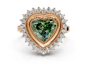 Halo Engagement Ring Setting for Fancy Green Heart-Shaped Center with Milgrain Bezel Rim, Plain Band and Prong Head in Rose Gold