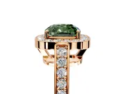 Bezel-Framed Halo Engagement Ring Setting for Fancy Green Cushion Cut Center with Pave Band and Prong Head in Rose Gold