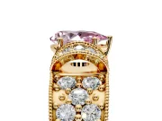 Pave Engagement Ring Setting for Fancy Pink Pear-Shaped Center with Curved Accent Rows, Openwork and Prong Head in Yellow Gold