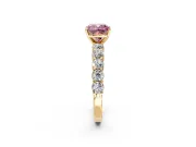 Shared-Prong Engagement Ring Setting for Fancy Pink Cushion Cut Center with Graduated Accents and Prong Head in Yellow Gold