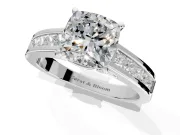 Solitaire Engagement Ring Setting for Cushion Cut Center with Princess Cut Channel Band and Prong Head in Platinum