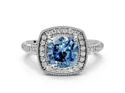Milgrain Halo Engagement Ring Setting for Fancy Blue Cushion Cut Center with Three-Sided Pave Band and Prong Head in Platinum
