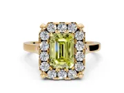 Single Halo Engagement Ring Setting for Fancy Yellow Emerald Cut Center with Corner Claws, Plain Band and Prong Head in Yellow Gold