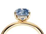 Hidden Halo Engagement Ring Setting for Fancy Blue Cushion Cut Center with Thin Rounded Band and Prong Head in Yellow Gold