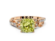 Leaf Motif Engagement Ring Setting for Fancy Yellow Cushion Cut Center with Pave Band and Prong Head in Rose Gold