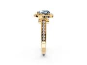 Halo Engagement Ring Setting for Fancy Blue Heart-Shaped Center with Outer Bezel Rim, Pave Band and Prong Head in Yellow Gold
