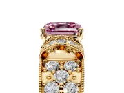 Pave Engagement Ring Setting for Fancy Pink Asscher Cut Center with Curved Accent Rows, Openwork and Prong Head in Yellow Gold