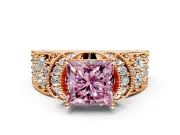 Pave Engagement Ring Setting for Fancy Pink Princess Cut Center with Curved Accent Rows, Openwork and Prong Head in Rose Gold