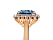 Starburst Halo Engagement Ring Setting for Fancy Blue Radiant Cut Center with Thin Round-Wire Band and Prong Head in Rose Gold