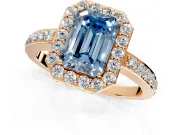 Halo Engagement Ring Setting for Fancy Blue Emerald Cut Center with Heart-Shaped Openwork, Pave Band and Prong Head in Rose Gold