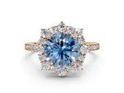 Halo Engagement Ring Setting for Fancy Blue Round Cut Center with Single-Row Pave, Open Basket and Prong Head in Rose Gold
